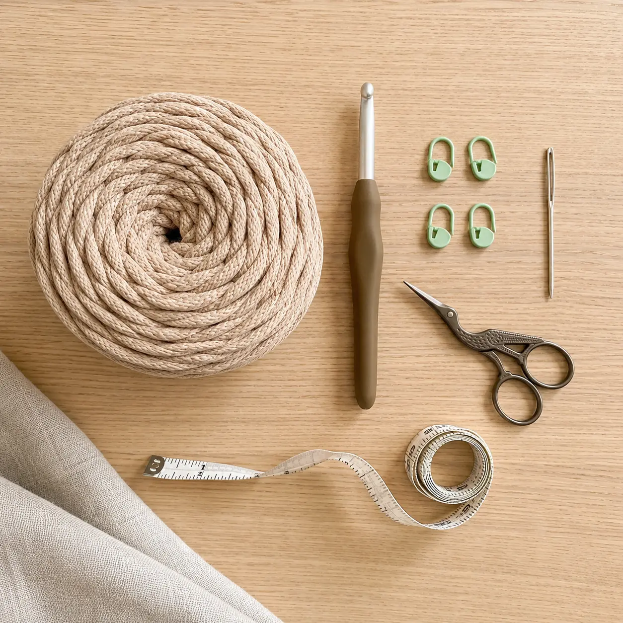 Cordon en coton, crochet, marqueurs de mailles, aiguille à laine, ciseaux et mètre ruban pour un panier au crochet