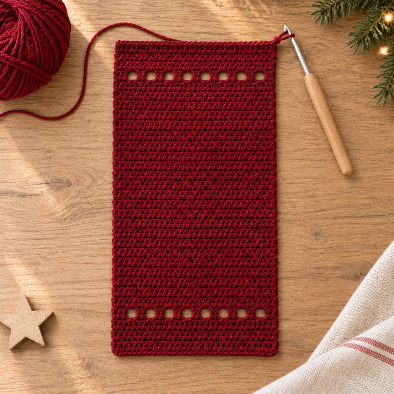 Rectangle plat rouge foncé crocheté avec deux rangées symétriques de trous pour un sac cadeau