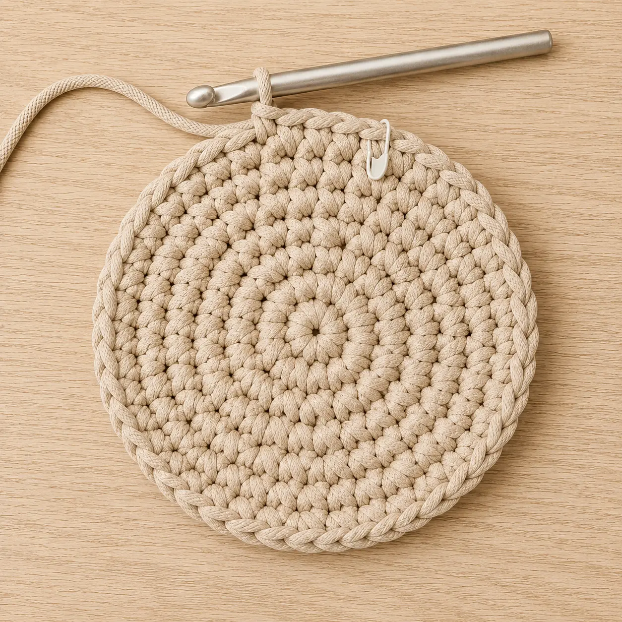 Base de panier ronde et plate en corde de coton beige épaisse enroulée en spirale