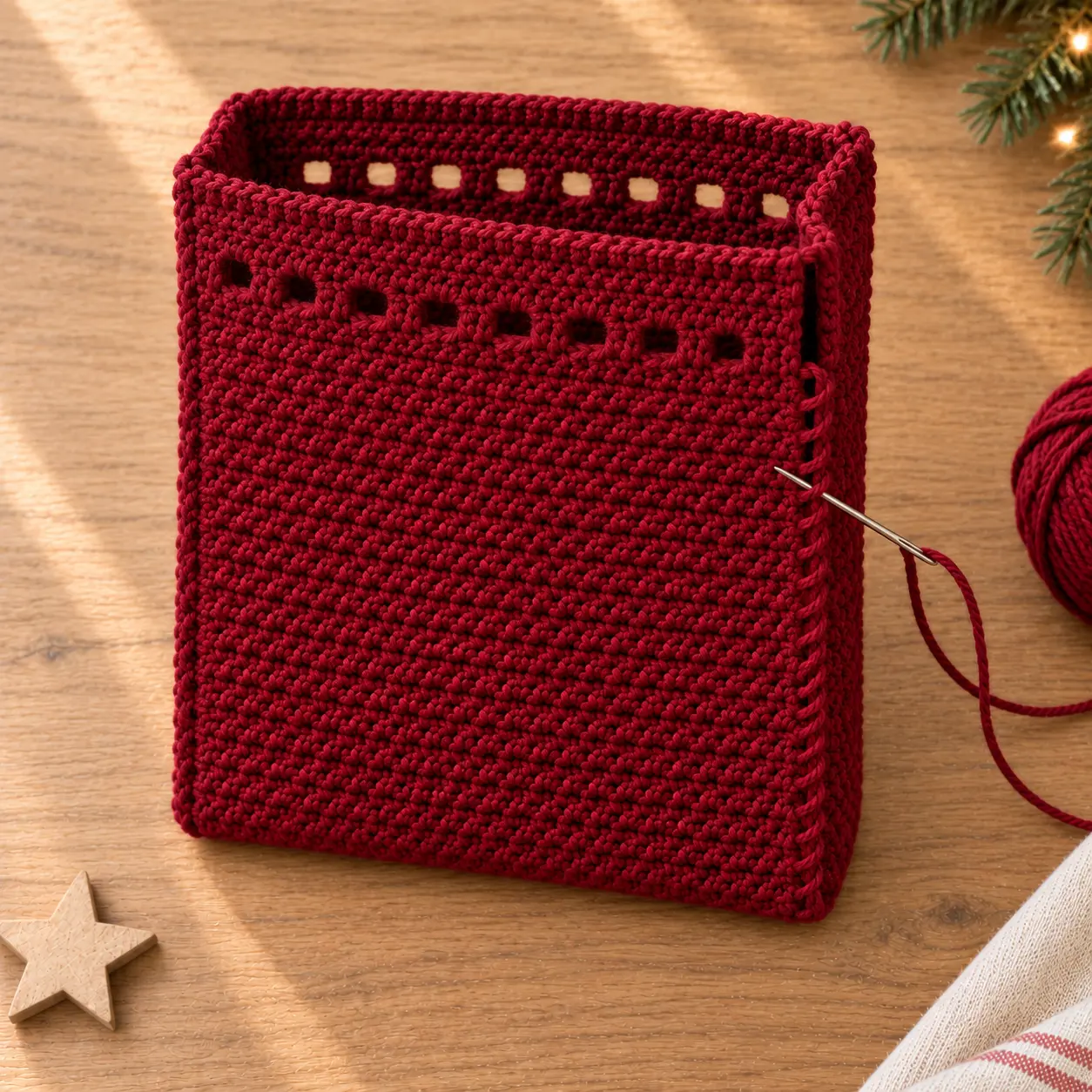 Rectangle au crochet plié avec couture latérale fermée et rangée de trous visible