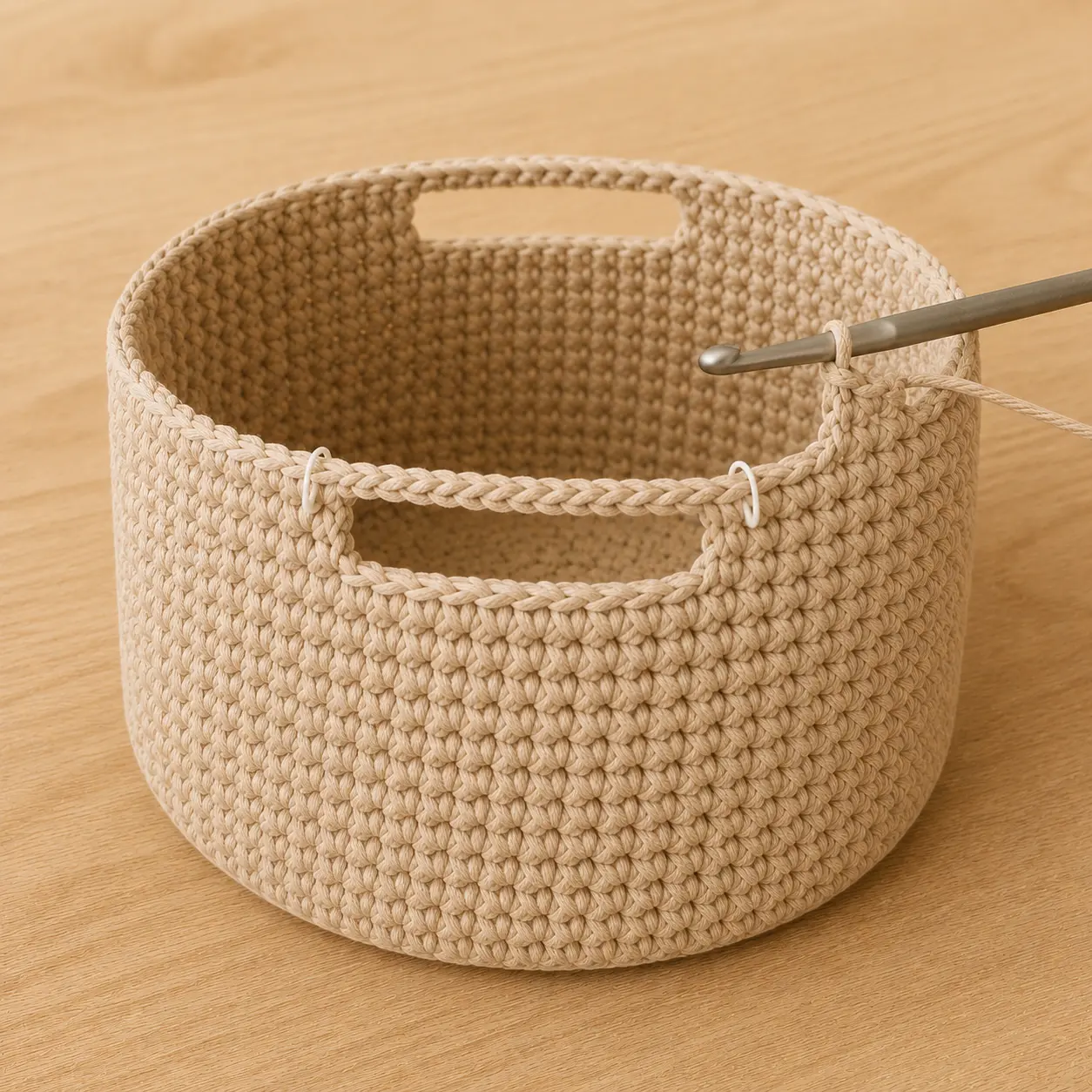 Deux ouvertures opposées pour les poignées sur un panier beige crocheté