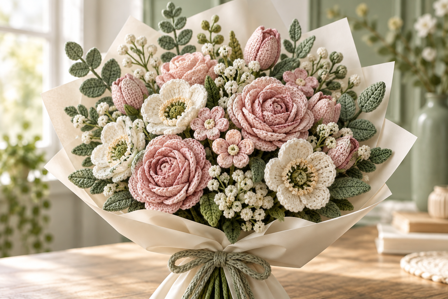 A handmade crochet bouquet displayed at home