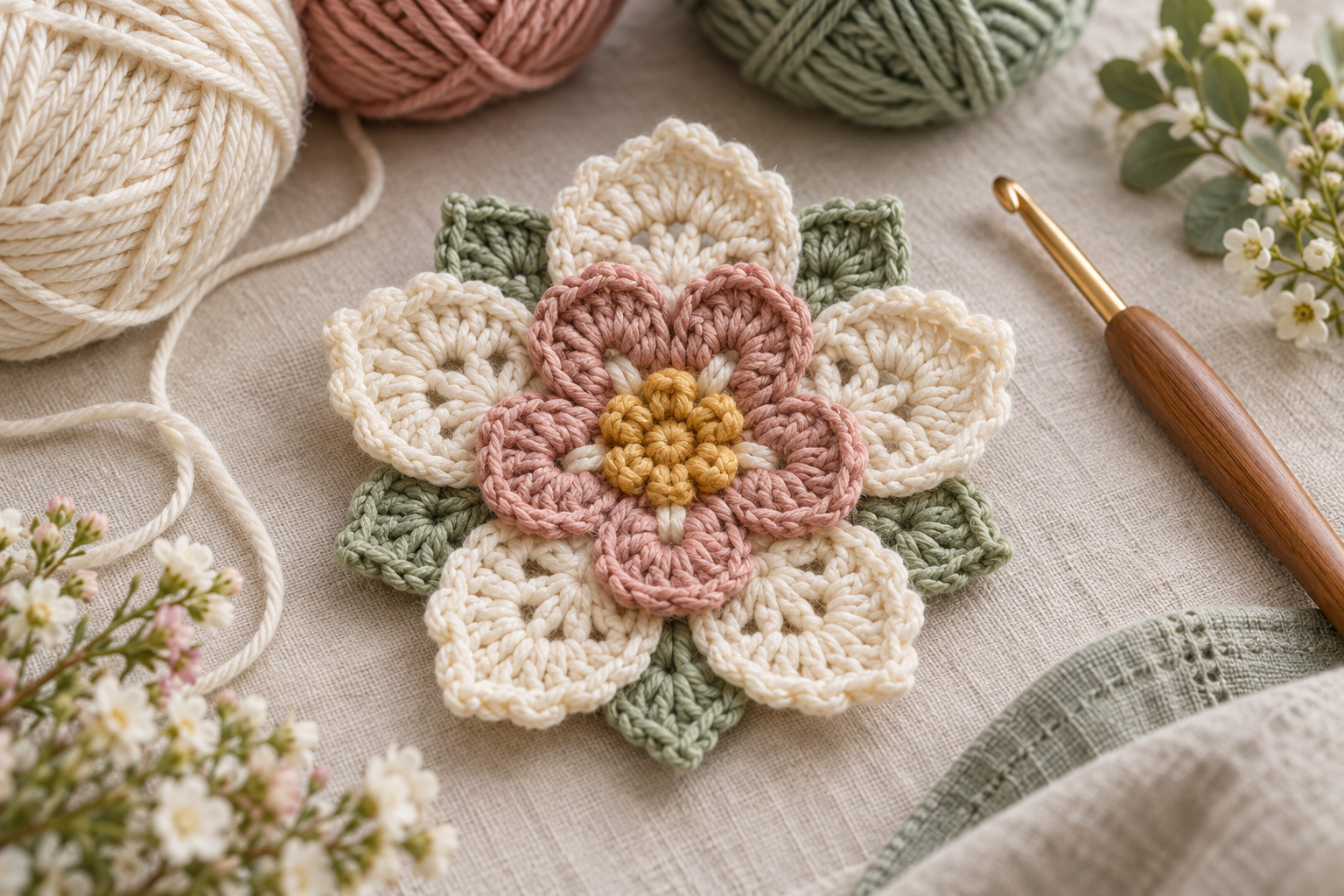 Crocheted flower motif surrounded by yarn and a wooden hook