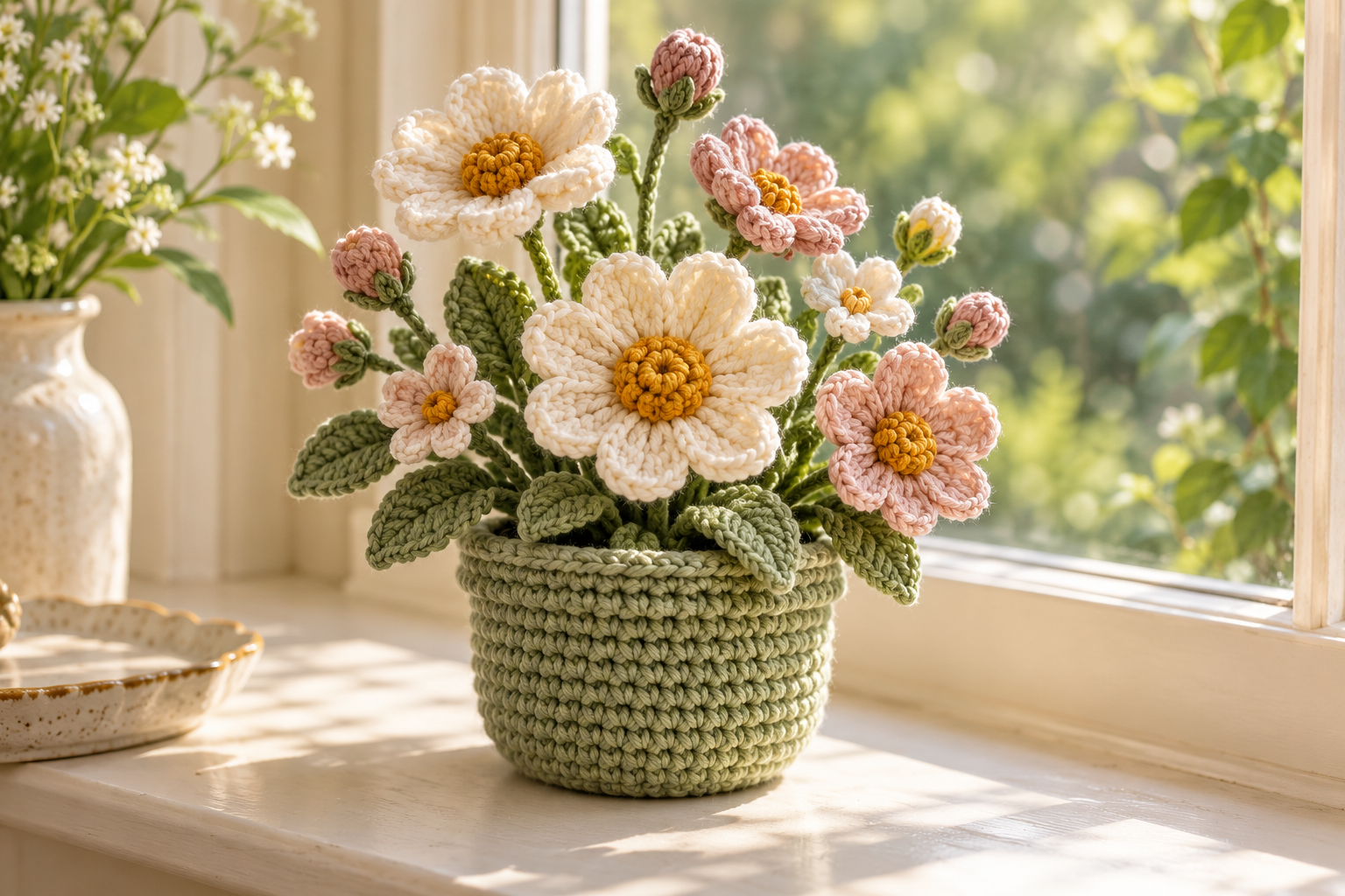 Crochet flower arrangement in a handmade pot