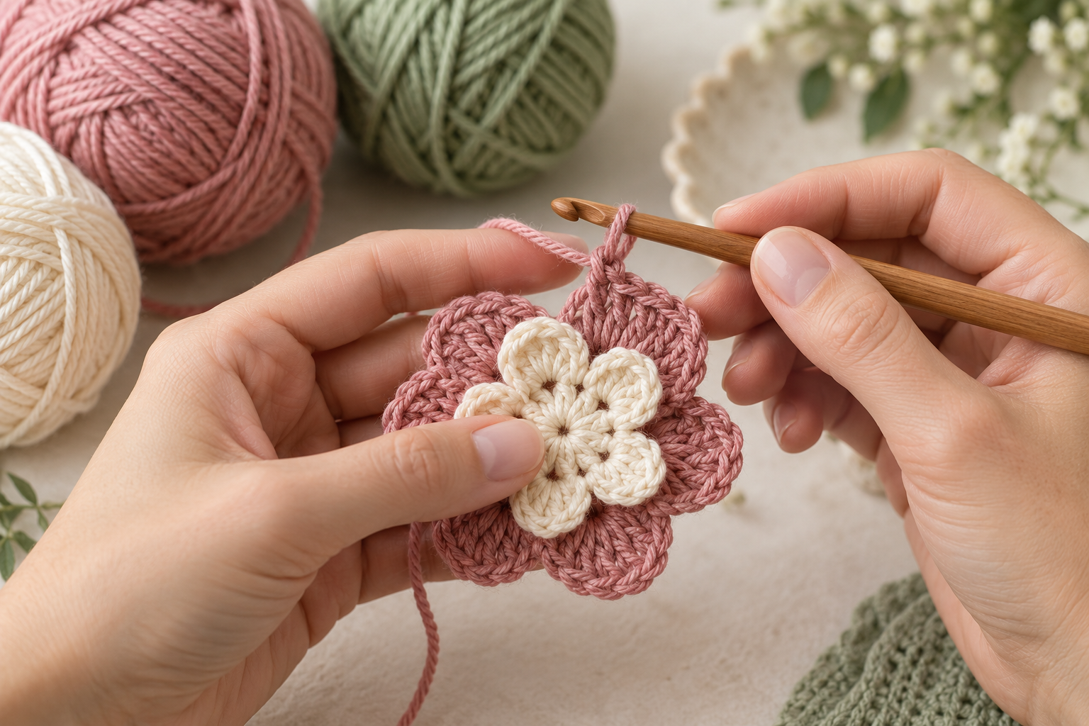 Hands crocheting a layered flower with a wooden hook