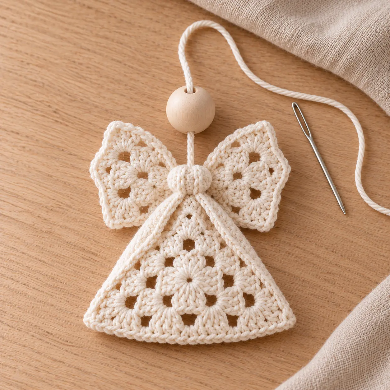 assembler un ange de Noël au crochet avec une perle en bois, des ailes et une boucle de suspension