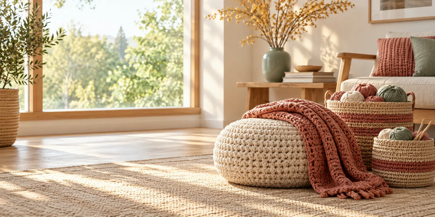 Salon chaleureux avec coussin, plaid et paniers au crochet faits main