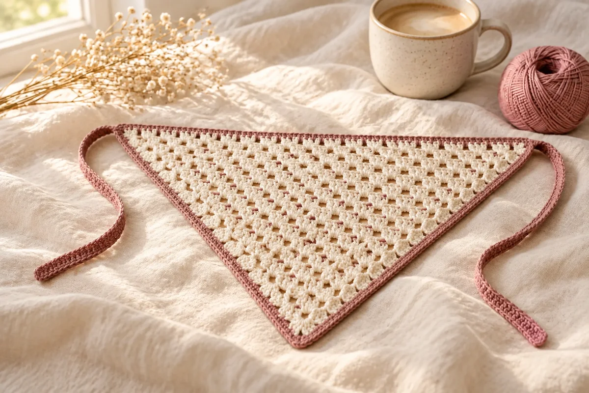 Bandana au crochet en crème, rose et vert sauge