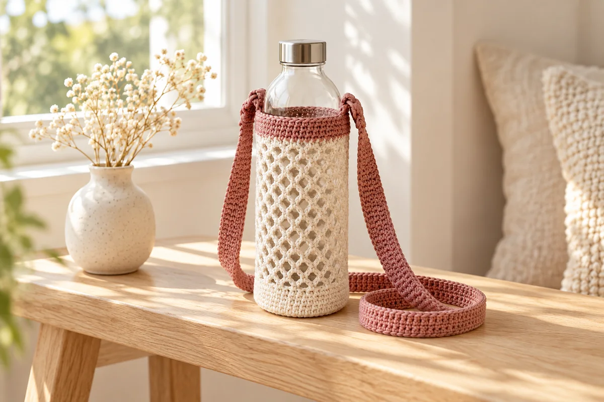 Porte-bouteille au crochet en coton aux couleurs douces