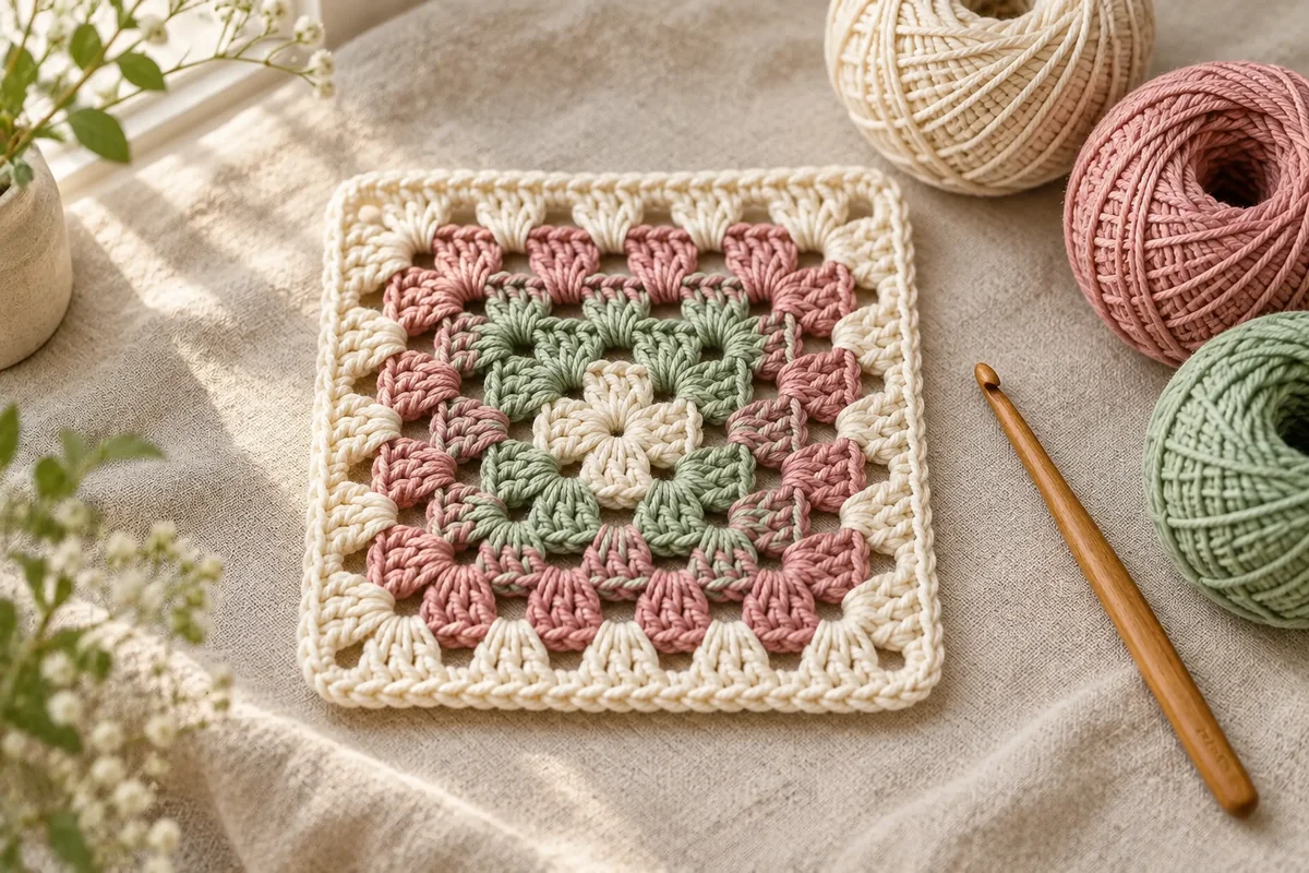 Carré granny fait main en crème, rose et vert sauge