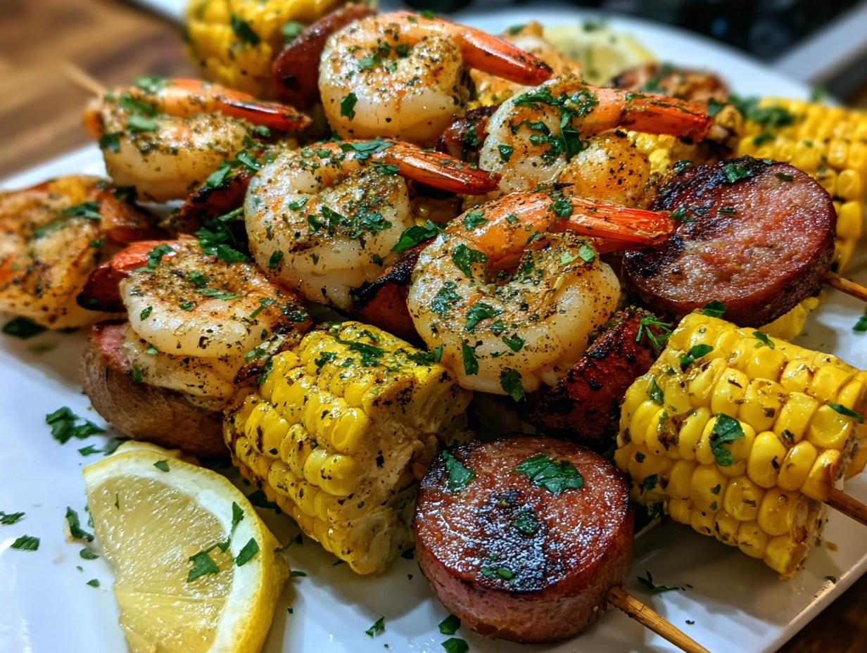 Slug Grilled Seafood Boil: 1 Amazing Recipe - Slug Grilled Seafood Boil - finished skewers on grill
