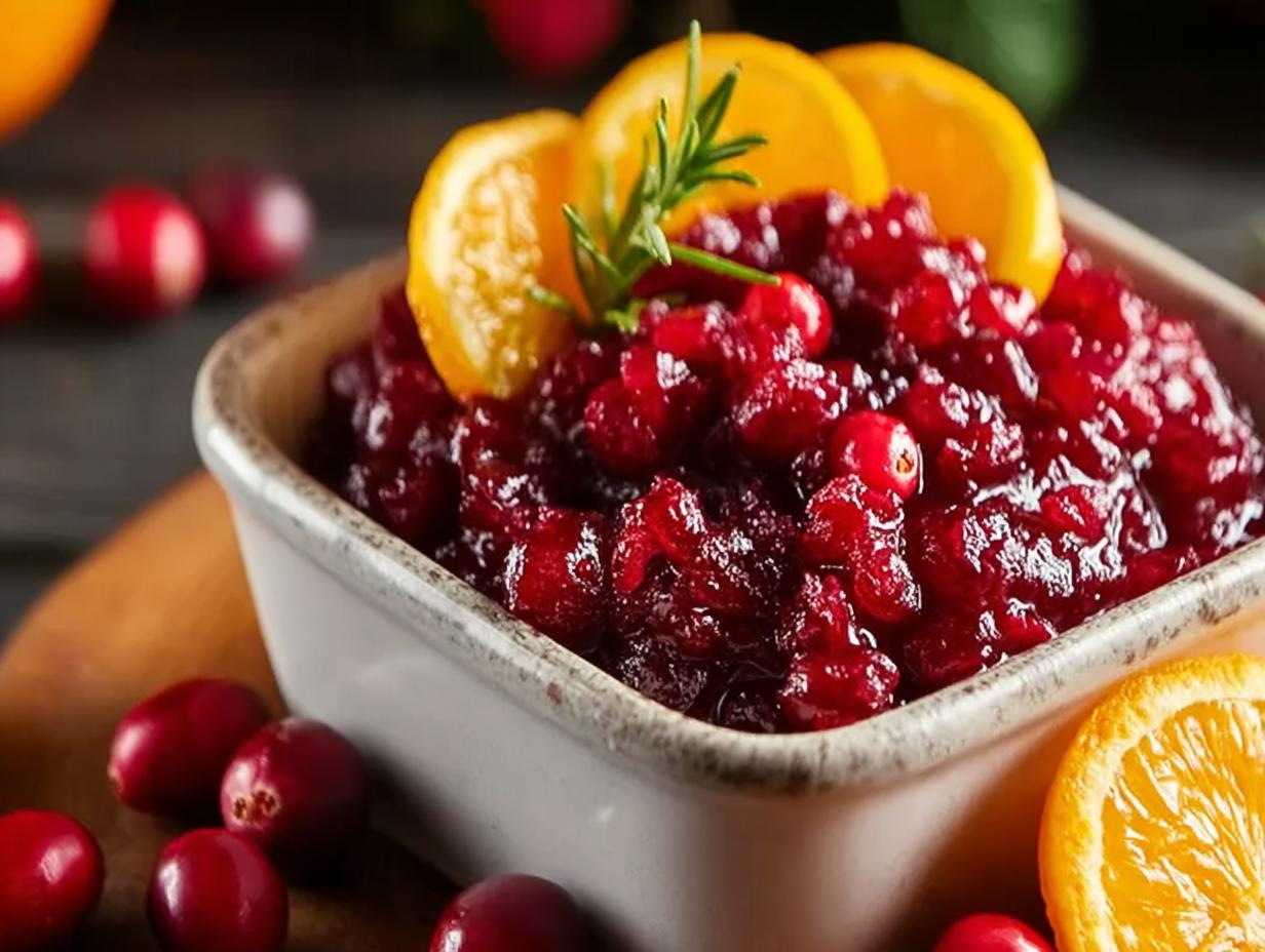 Vintage Fresh Cranberry Orange: Easy 4-Ingredient Recipe - Finished relish in a serving dish, garnished