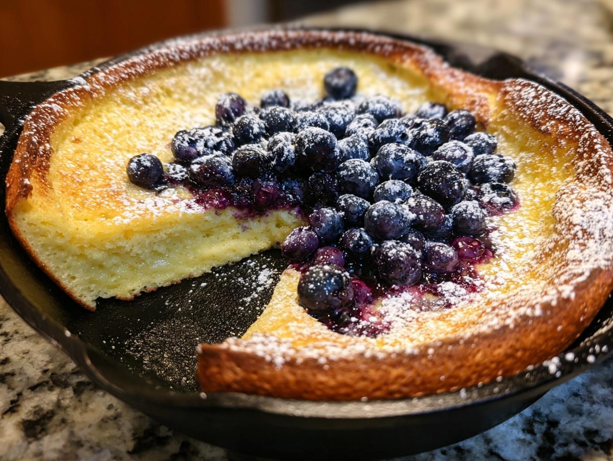 Blueberry Lemon Dutch Baby: 1 Showstopper Recipe - A beautifully puffed Blueberry Lemon Dutch Baby in a cast-iron skillet, dusted with powdered sugar.