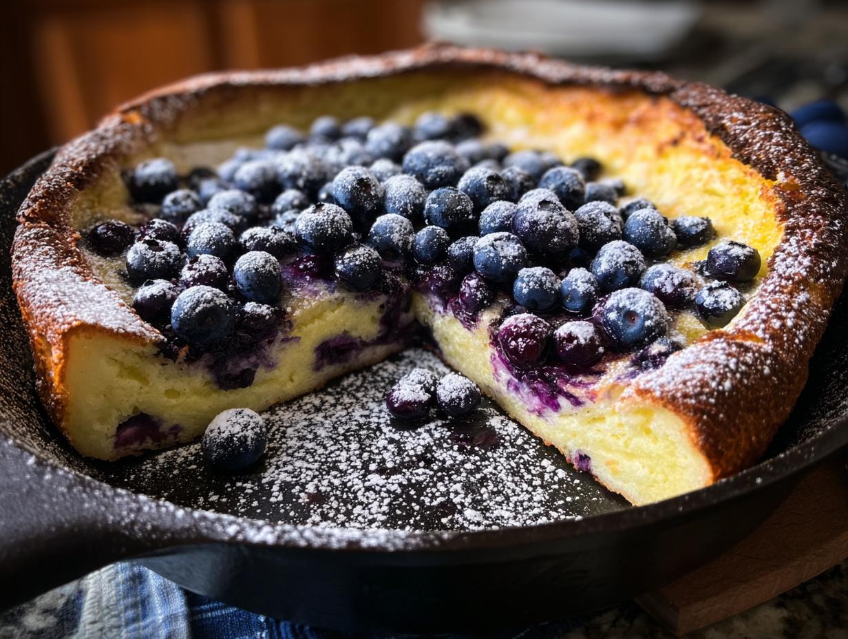 Blueberry Lemon Dutch Baby: 1 Showstopper Recipe - Close-up of a slice of Blueberry Lemon Dutch Baby showing its fluffy texture and bursting blueberries.