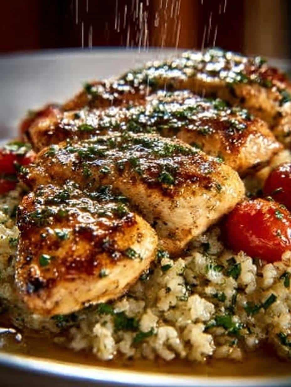 Irresistible Chicken with Garlic Parmesan served with creamy rice
