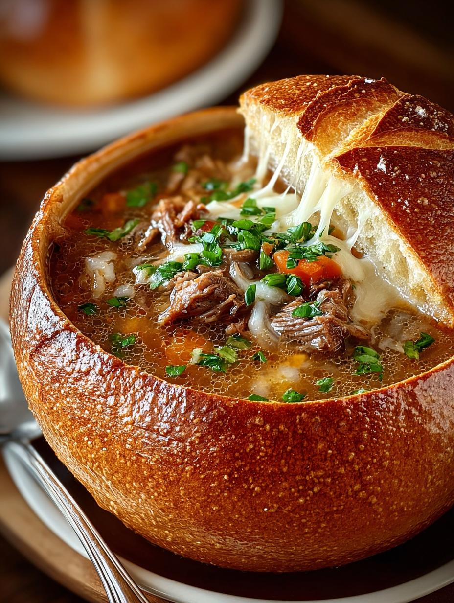 Indulge Philly Cheesesteak Soup in Bread Bowls - Indulge Philly Cheesesteak Soup - main visual representation