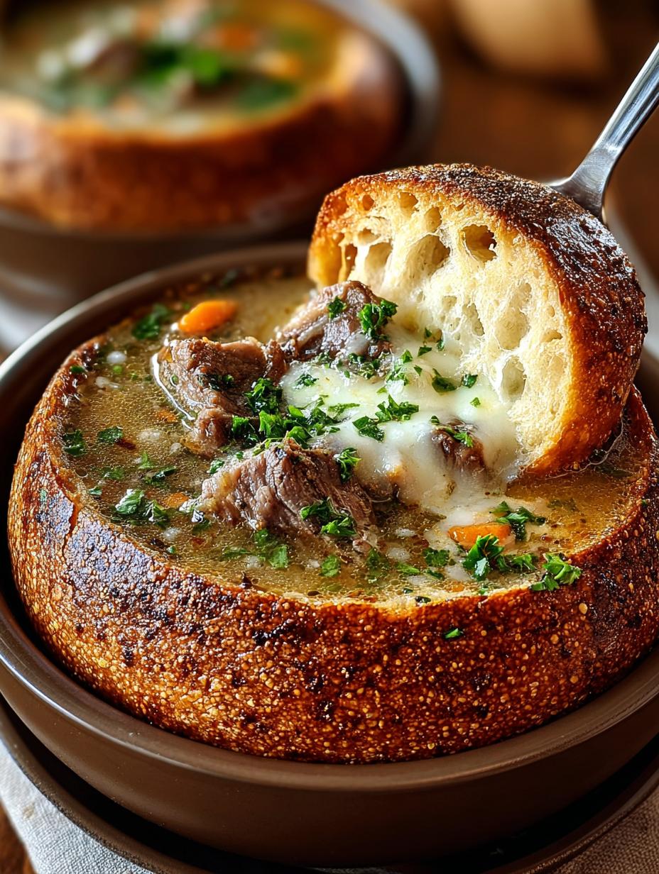 Indulge Philly Cheesesteak Soup in Bread Bowls - Indulge Philly Cheesesteak Soup - additional detail