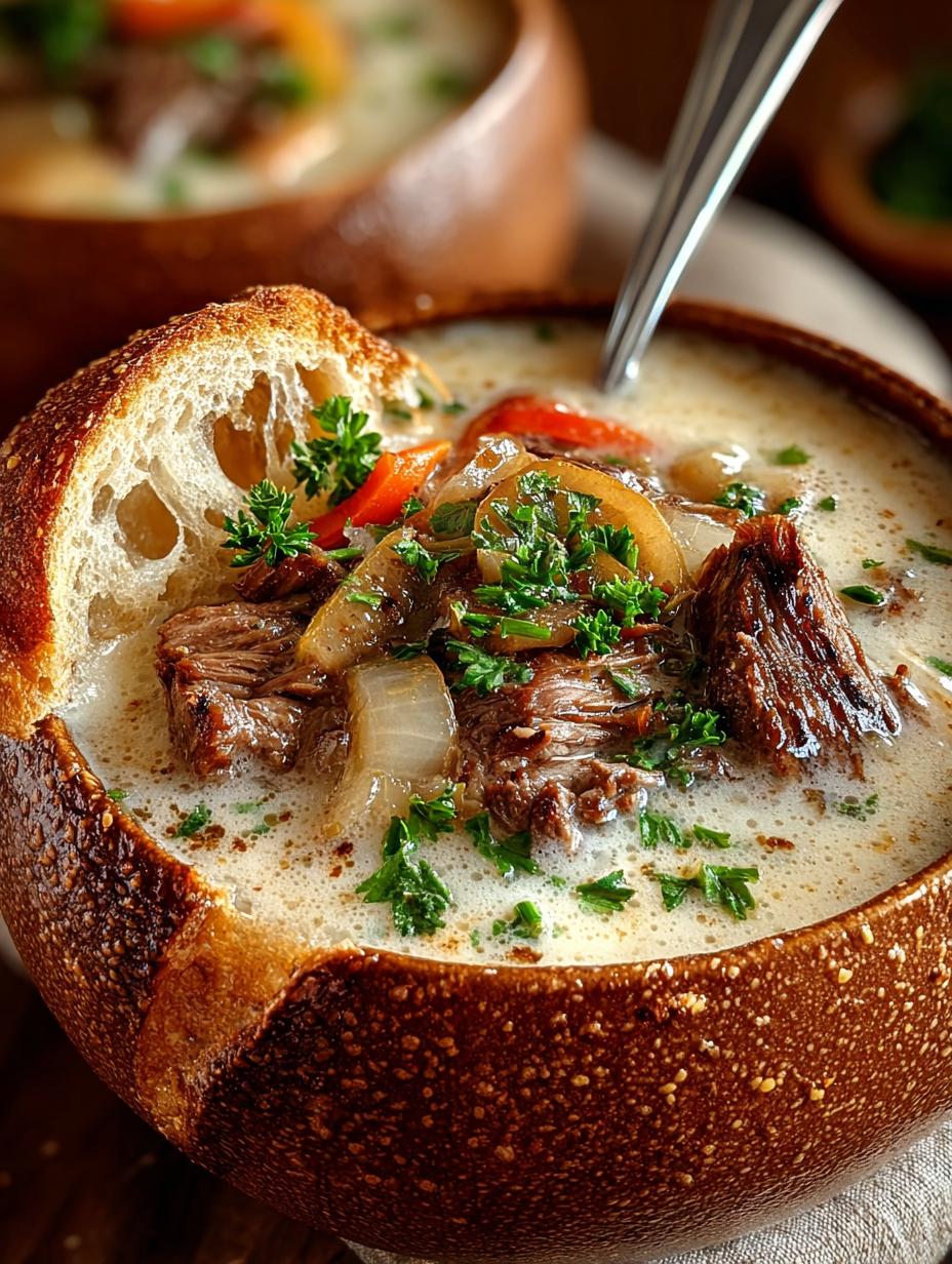 Indulge Philly Cheesesteak Soup