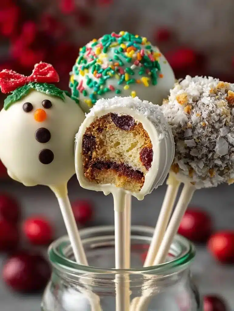 Festive Christmas Cake Pops decorated with holiday colors and sprinkles
