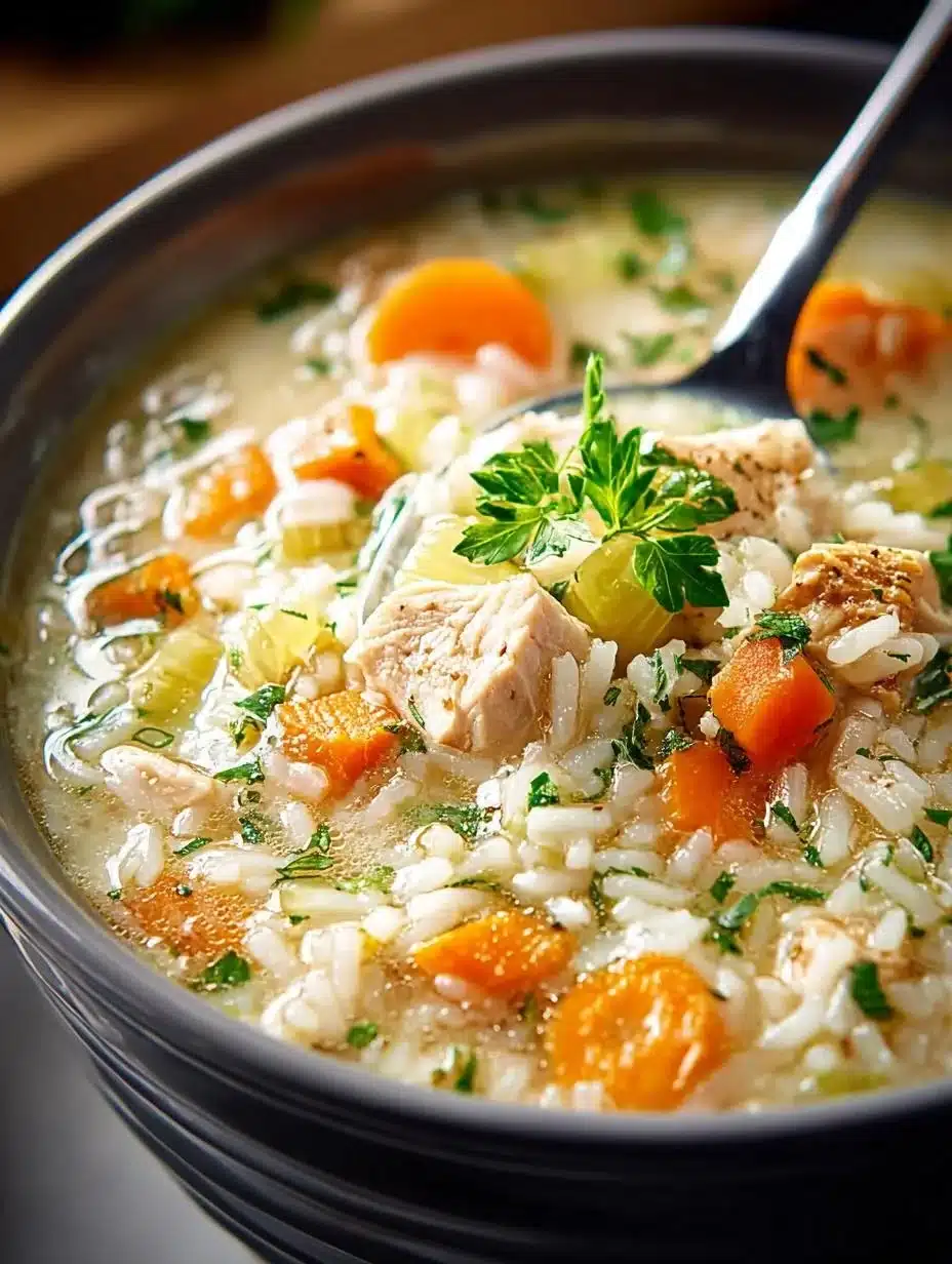 Comforting Turkey Rice Soup 1 Bowl of comforting Turkey Rice Soup topped with herbs.