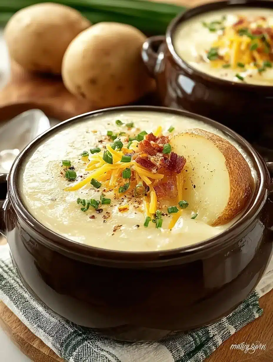 Bowl of Cozy Pot Potato Soup garnished with fresh herbs