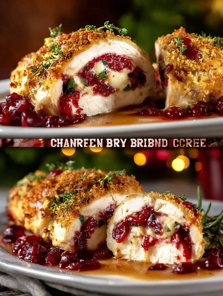 Cranberry Brie Stuffed Chicken dish garnished with herbs on a plate