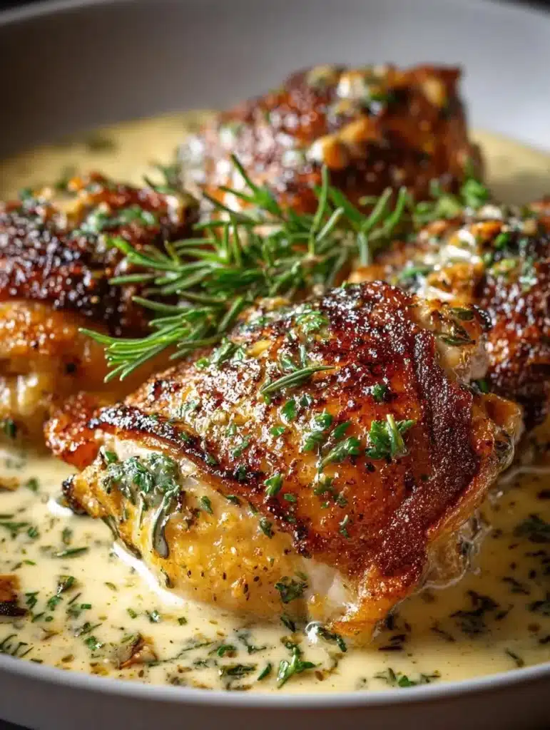 Creamy garlic chicken thighs served with herbs and spices