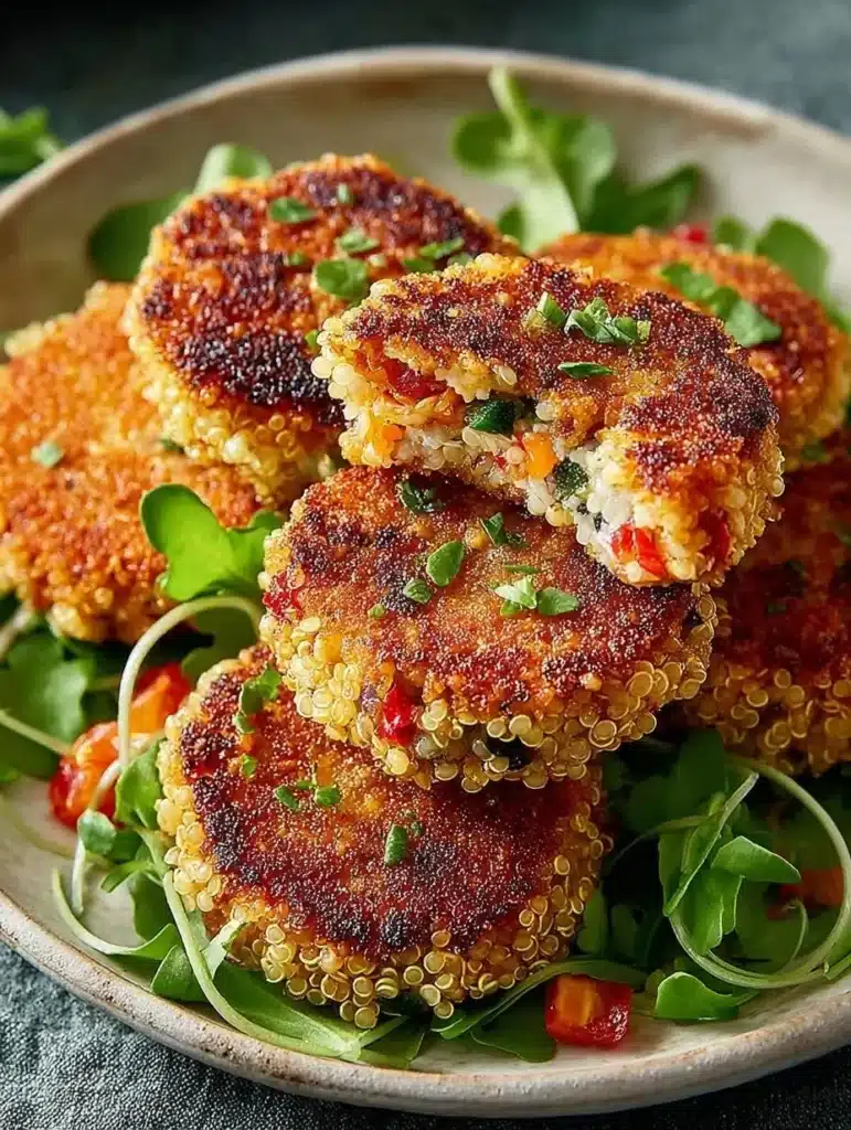 Crispy quinoa patties served on a plate with fresh herbs