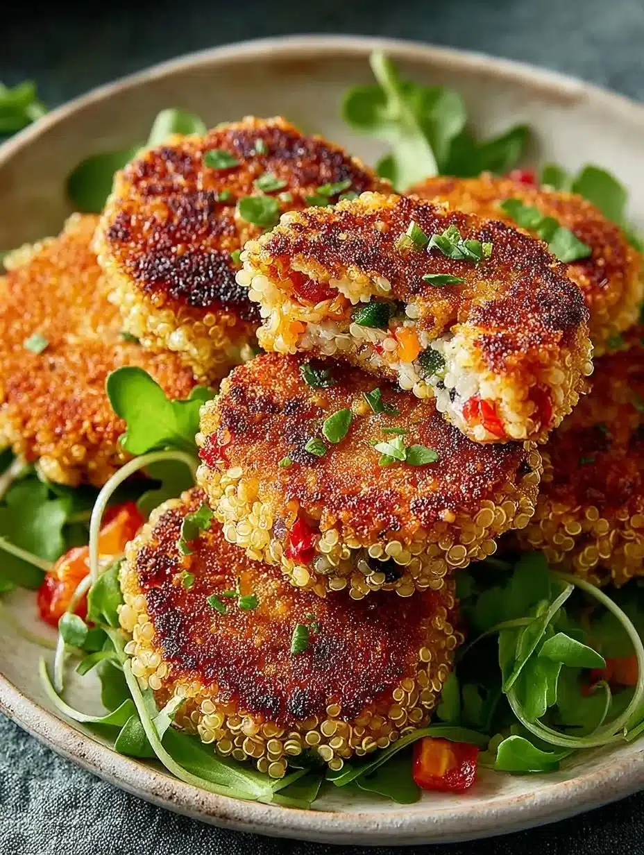 Crispy quinoa patties served on a plate with fresh herbs