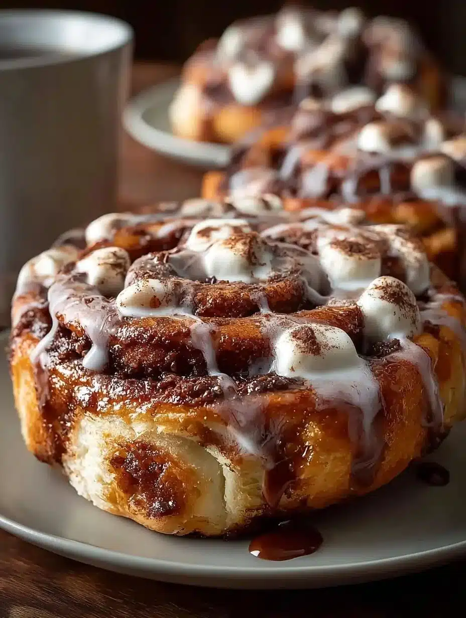 Delicious Hot Cocoa Cinnamon Rolls drizzled with chocolate icing