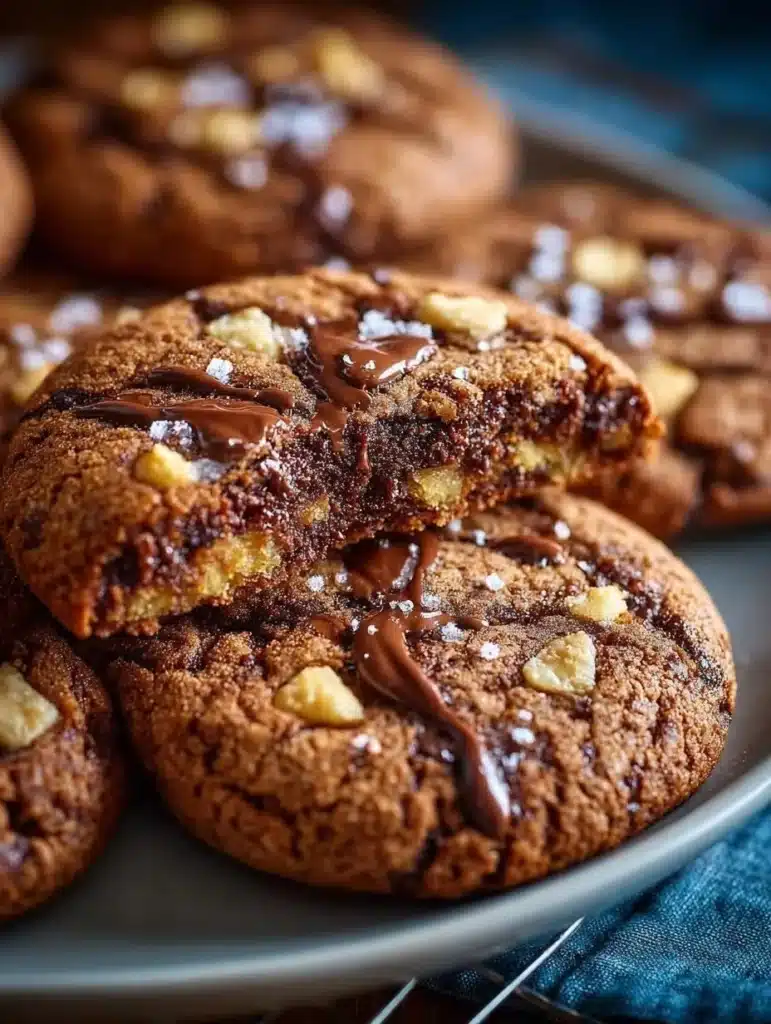 Delicious homemade Nutella cookies fresh out of the oven, topped with hazelnuts.
