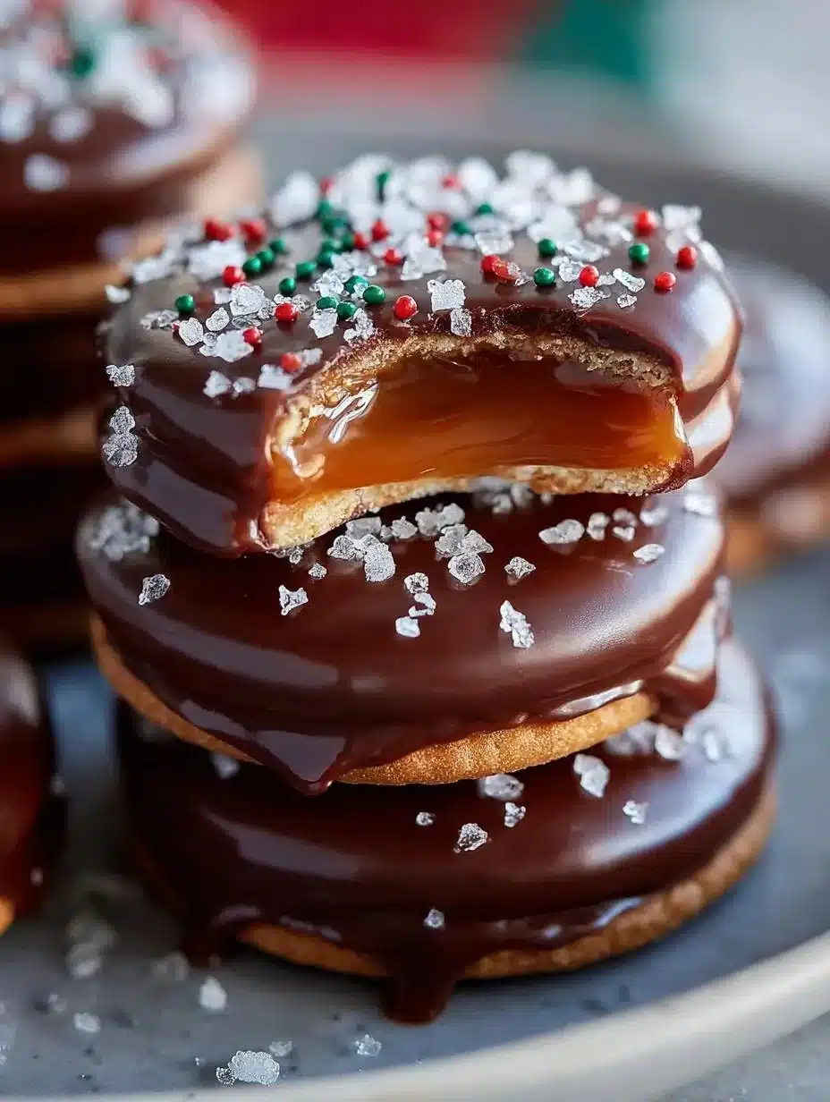 Plate of homemade salted caramel Ritz cookies on a rustic wooden table