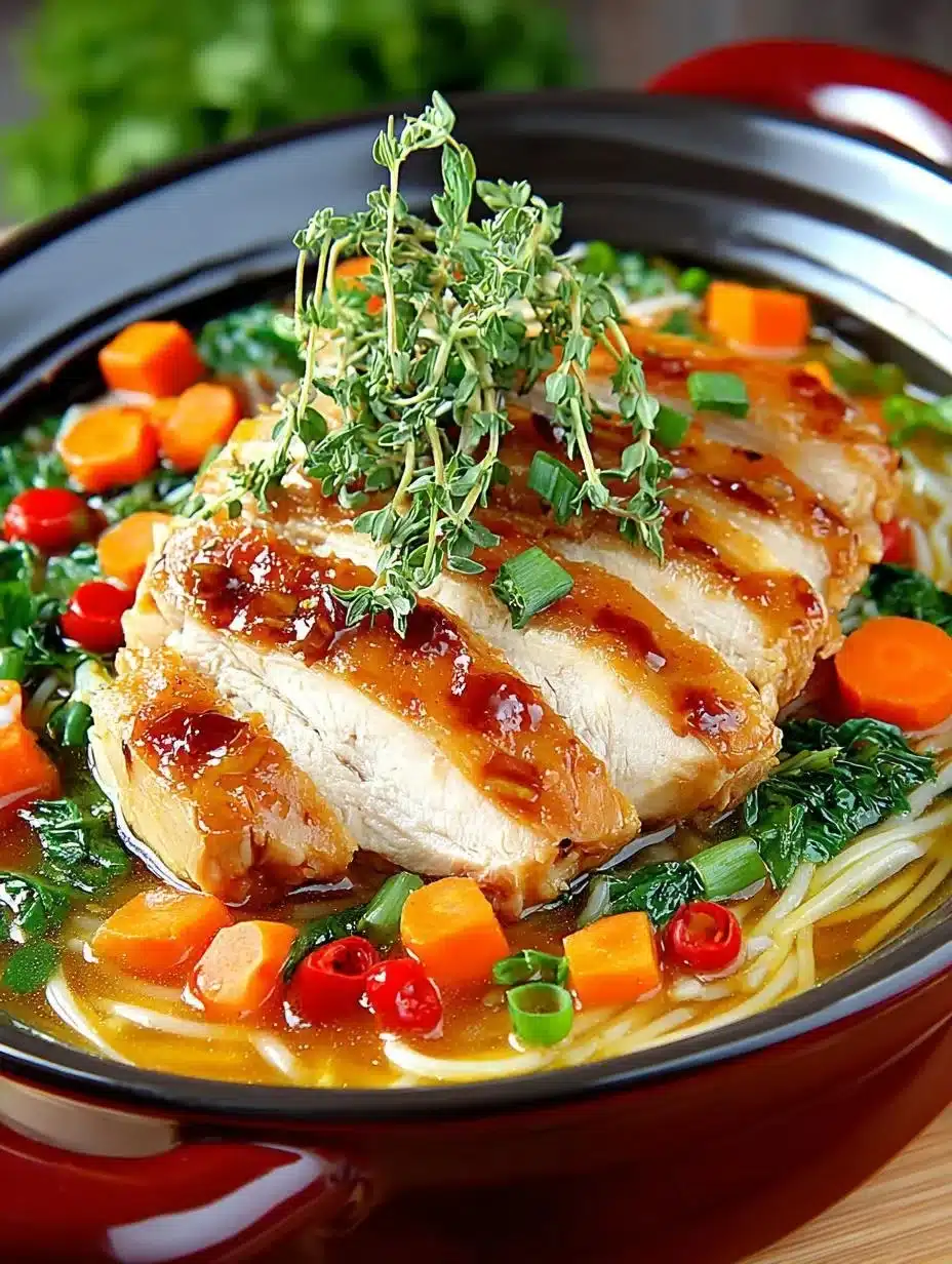Delicious dish of warm Asian chicken garnished with fresh herbs and spices