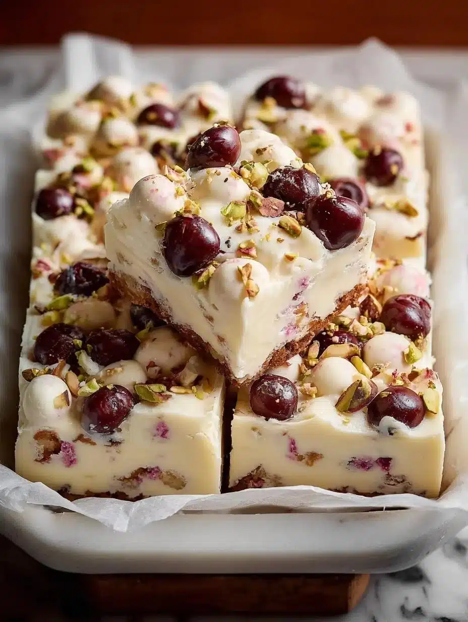 Delicious White Chocolate Rocky Road dessert with nuts and marshmallows