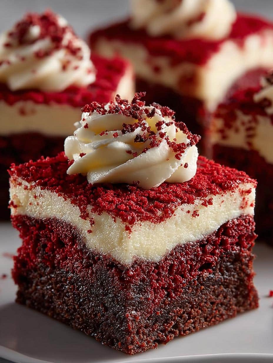 Placeholder: 7 Irresistible Red Velvet Brownies to Indulge 3 Delicious Red Velvet Brownies topped with cream cheese frosting