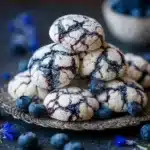Freshly baked blueberry crinkle cookies on a cooling rack