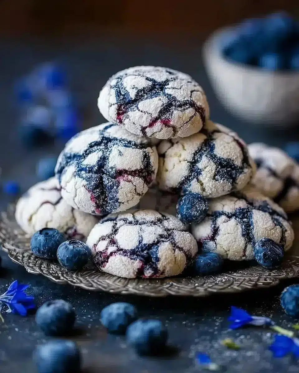 Freshly baked blueberry crinkle cookies on a cooling rack