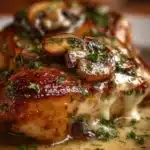 Cheesy Garlic Butter Mushroom Stuffed Chicken with herbs and drizzle of butter