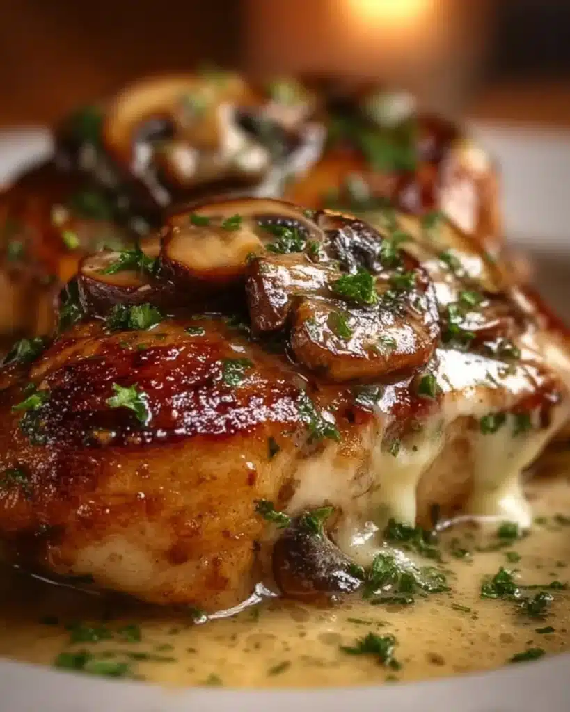 Cheesy Garlic Butter Mushroom Stuffed Chicken with herbs and drizzle of butter