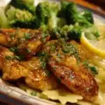 A delicious plate of Cowboy Butter Lemon Bowtie Chicken with Broccoli