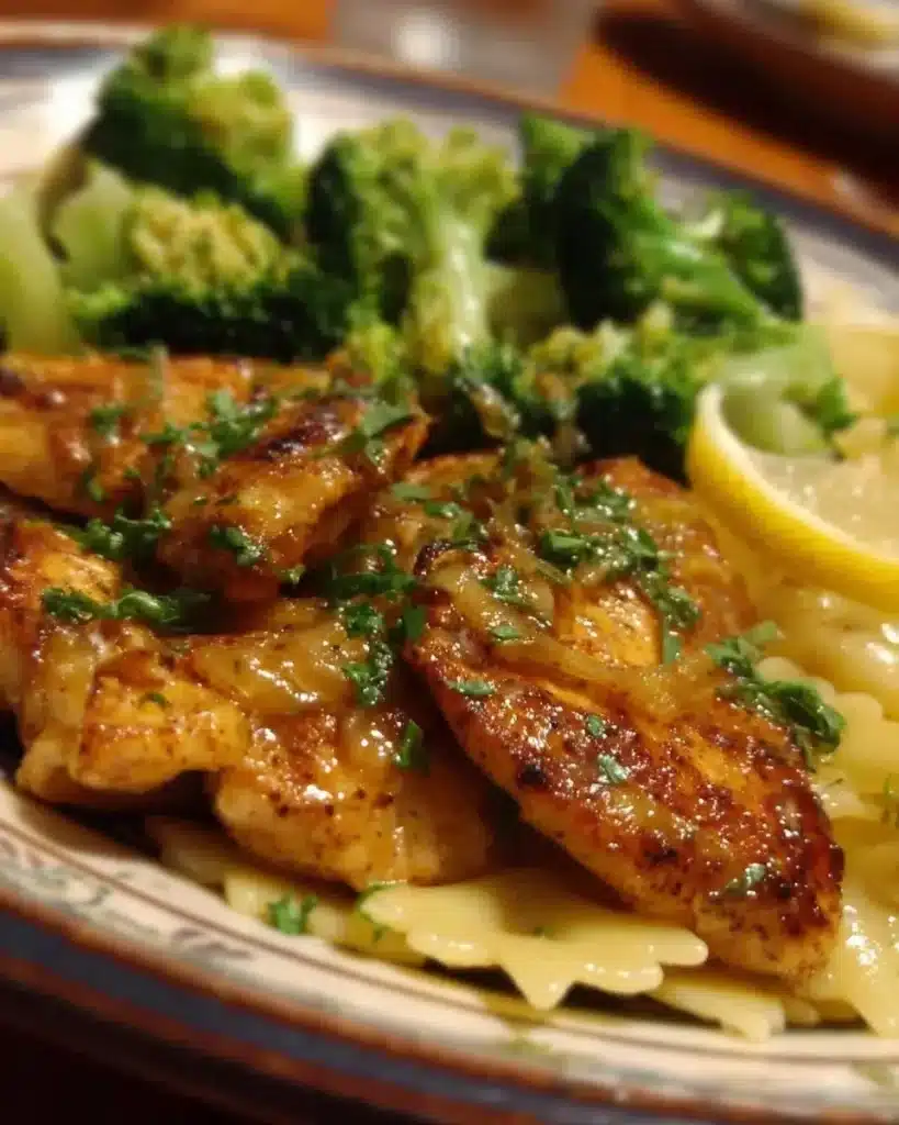 A delicious plate of Cowboy Butter Lemon Bowtie Chicken with Broccoli