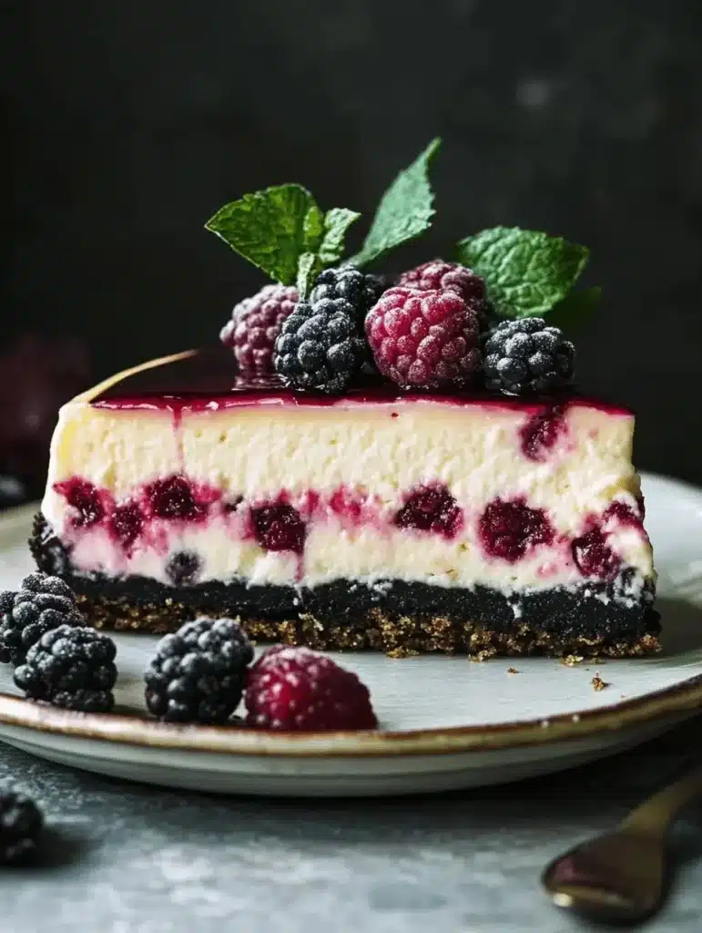 Delicious creamy dream cheesecake topped with fresh berries and chocolate drizzle