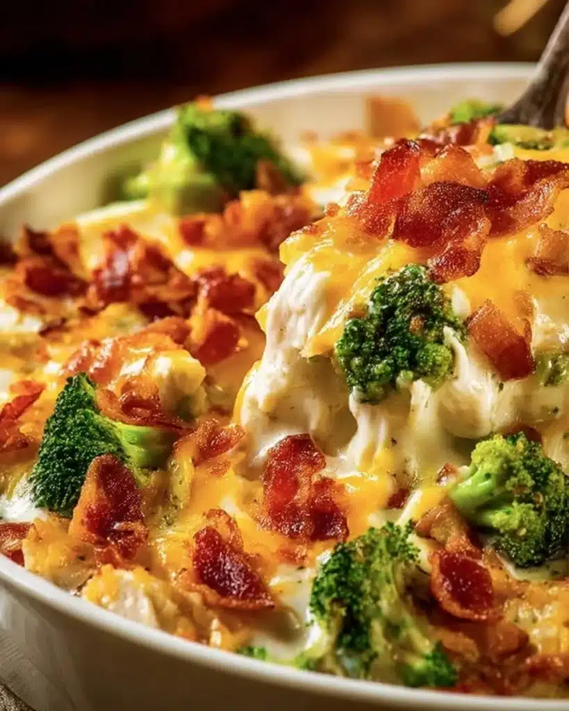 Creamy low carb chicken casserole served in a dish with vegetables