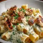 Plate of creamy pesto chicken pasta garnished with basil and parmesan cheese.