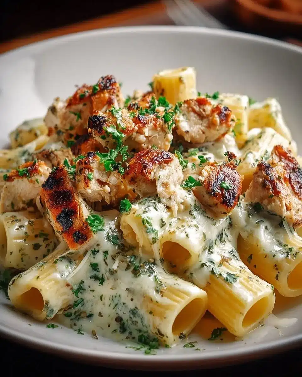 Plate of creamy pesto chicken pasta garnished with basil and parmesan cheese.