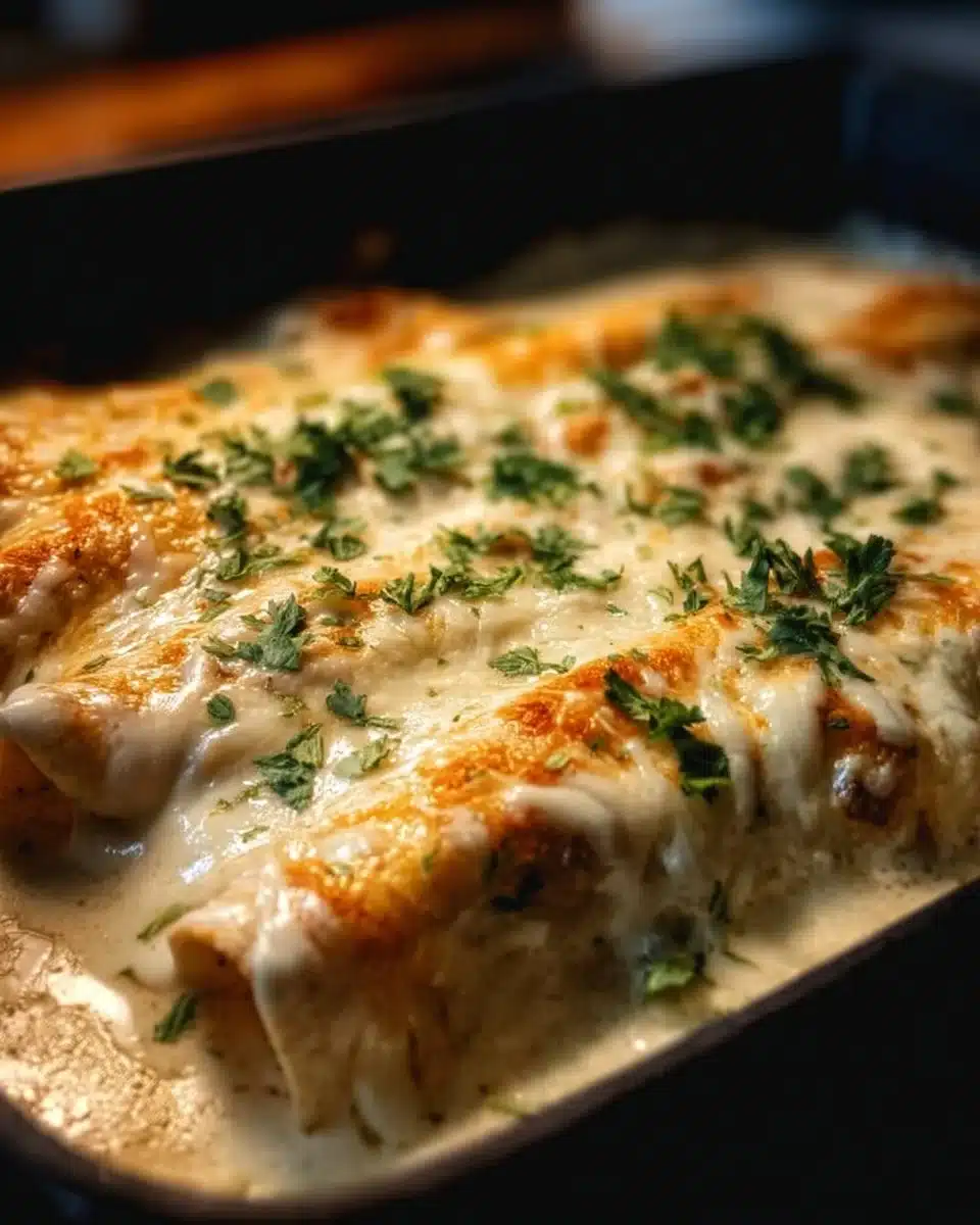Creamy White Chicken Enchiladas 1 Creamy white chicken enchiladas topped with cheese and cilantro in a baking dish.