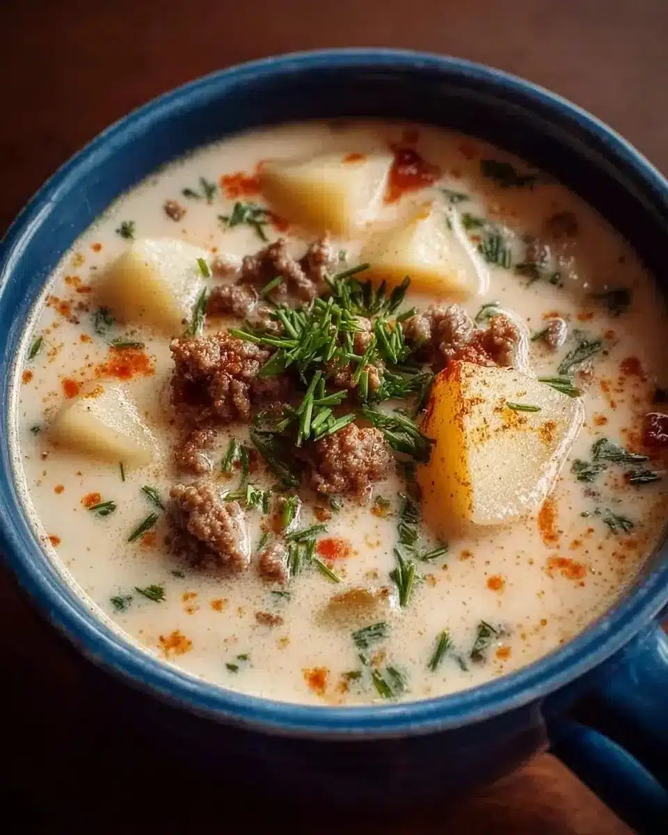 Crockpot Creamy Potato & Hamburger Soup in a bowl with fresh herbs