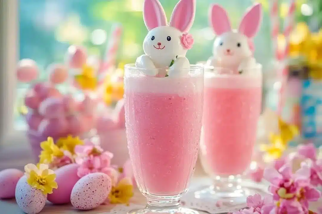 Colorful Easter Bunny Punch served in a festive glass with bunny decorations.