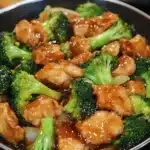 Plate of easy Oriental-Style Chicken with Broccoli, garnished and ready to serve
