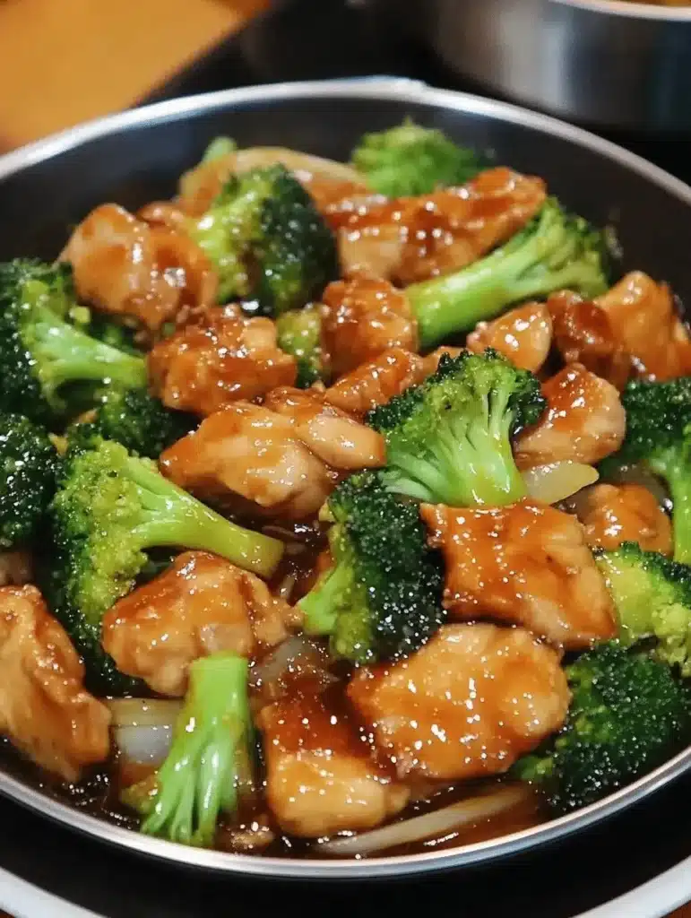 Plate of easy Oriental-Style Chicken with Broccoli, garnished and ready to serve